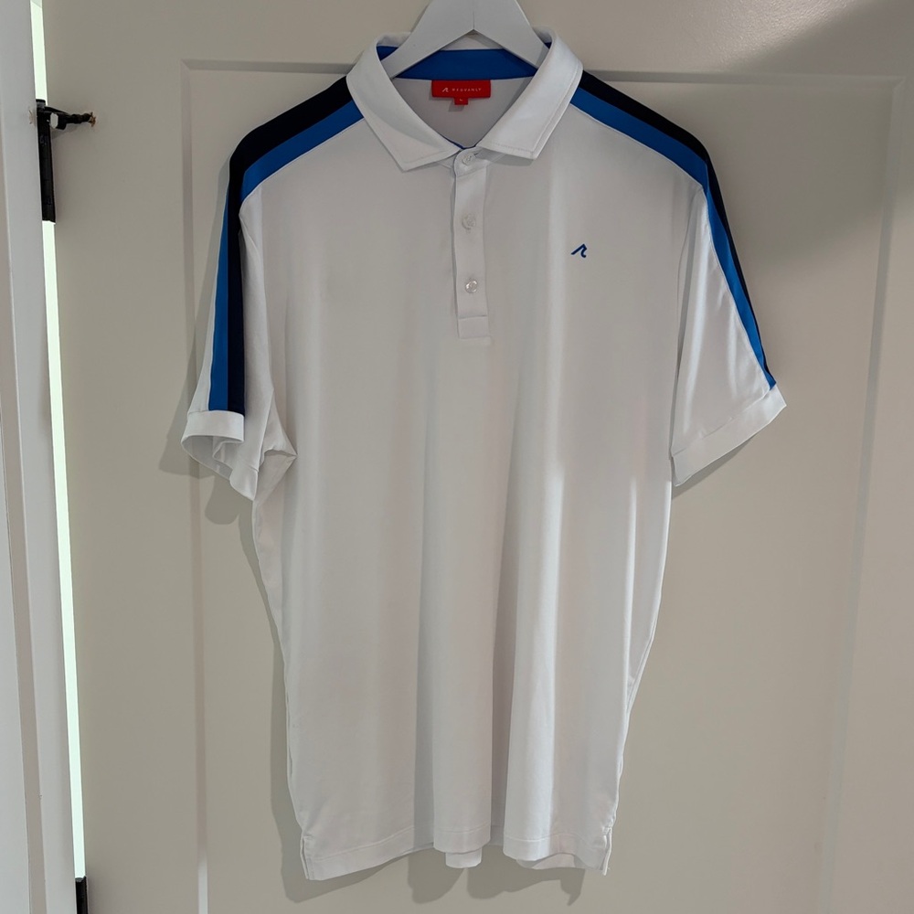 Redvanly White Polo Shirt with Blue Accents slight discoloration